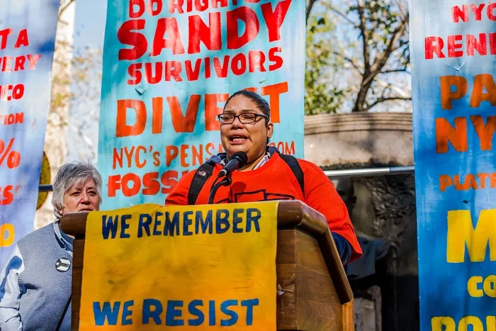 Communities impacted by climate disasters demand divestment, New York, US. Photo: Erik McGregor