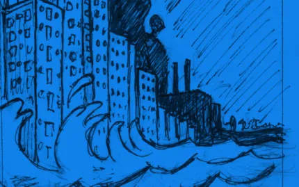 illustration of waves crashing on new york buildings