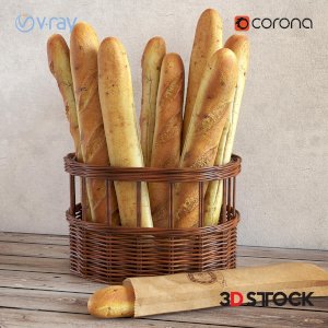 baguette bread basket food bakery products/3d model