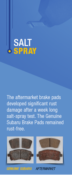 Aftermarket brake pads develop significant rust, but Subaru brake pads remain rust free.