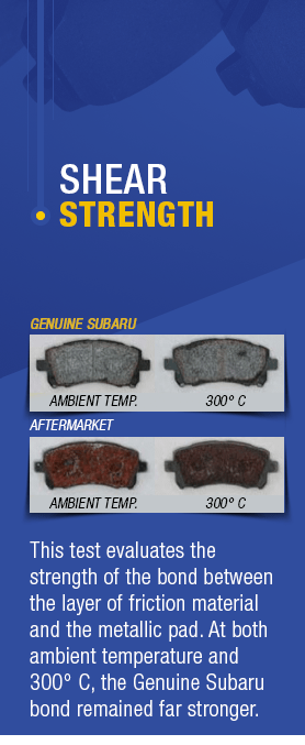 In a test of the strength of the bond between the friction material and the metallic pad, Subaru fared much better.