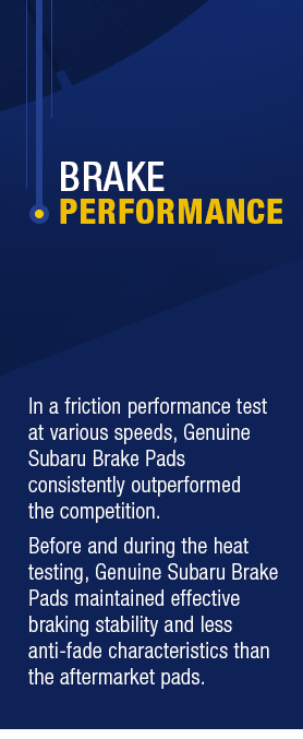 Genuine Subaru brake pads out-performed the competition in braking stability and resisting fading.