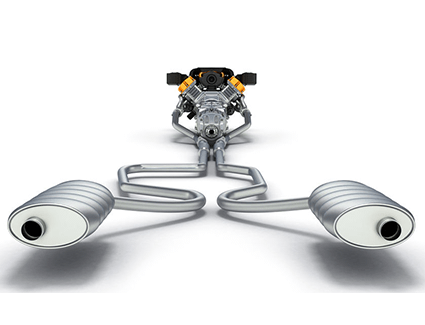 This 3D rendering shows you how the exhaust system routes exhaust gasses from the engine, under the vehicle to the tailpipe