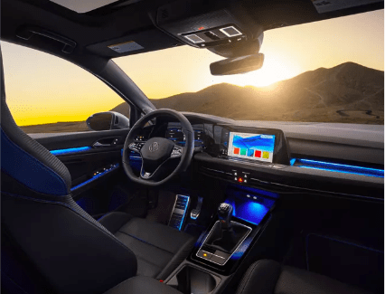 New 2023 Volkswagen Golf R interior image View of the interior of the 2023 Volkswagen Golf R focusing on the instrumentation and steering wheel.