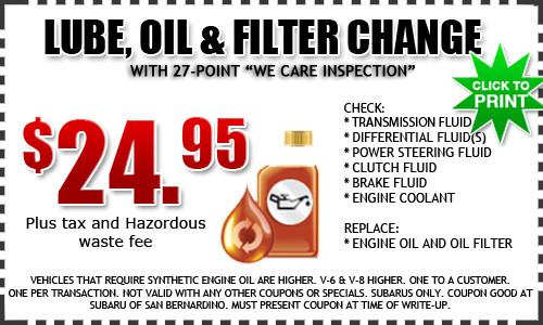 San Bernardino Subaru's Oil Change Service Special Coupon Oil Change Service Special Coupon at Subaru of San Bernardino in California