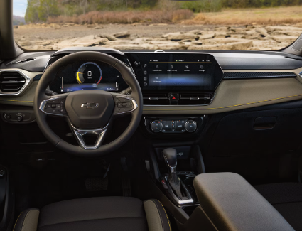Closeup view of the 2026 Chevrolet Trailblazer steering wheel and console