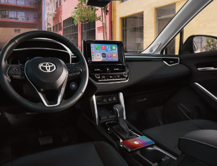 A close-up view of the 2025 Toyota Cross steering wheel and display system
