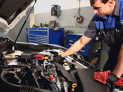 Picture of Subaru under the hood Servicing a Subaru