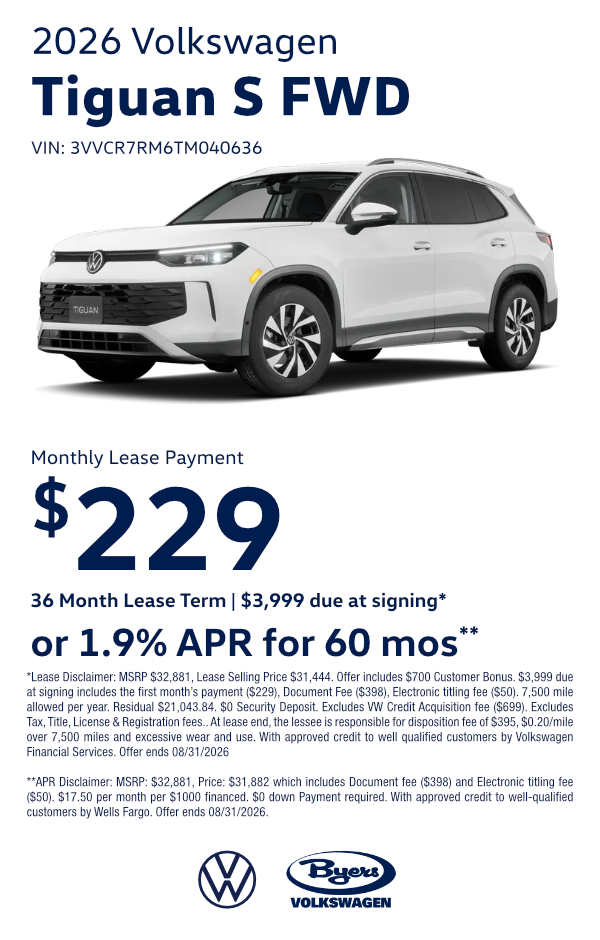 New 2026 Volkswagen Tiguan S FWD specials savings offers