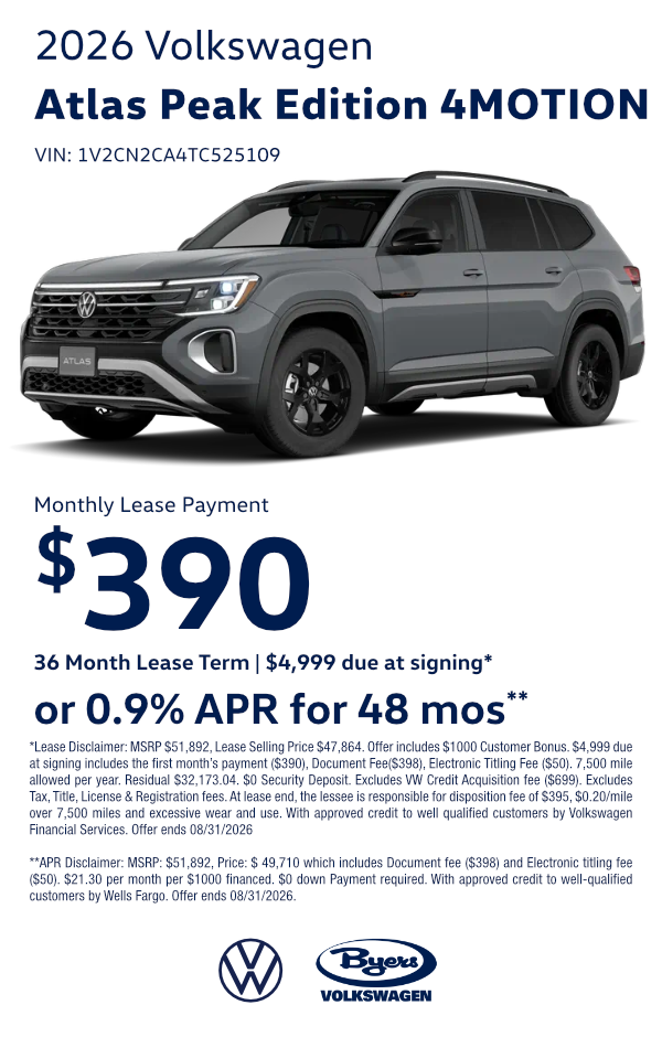 New 2026 Volkswagen Atlas Peak Edition 4MOTION specials savings offers