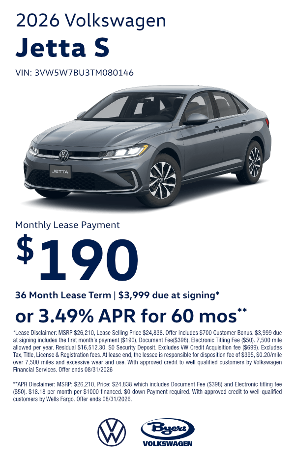 New 2026 Volkswagen Jetta S specials savings offers