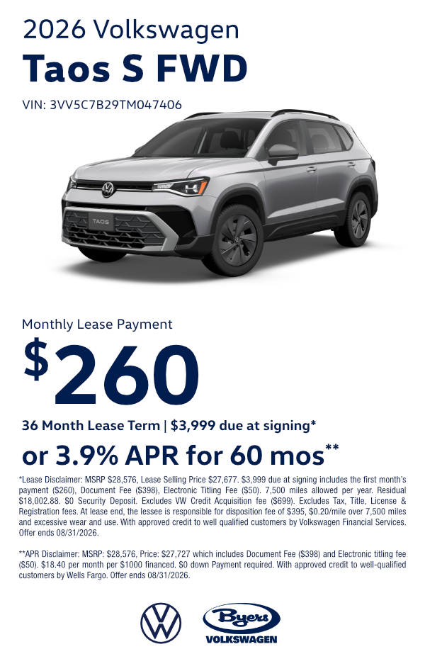 New 2026 Volkswagen Taos S FWD specials savings offers