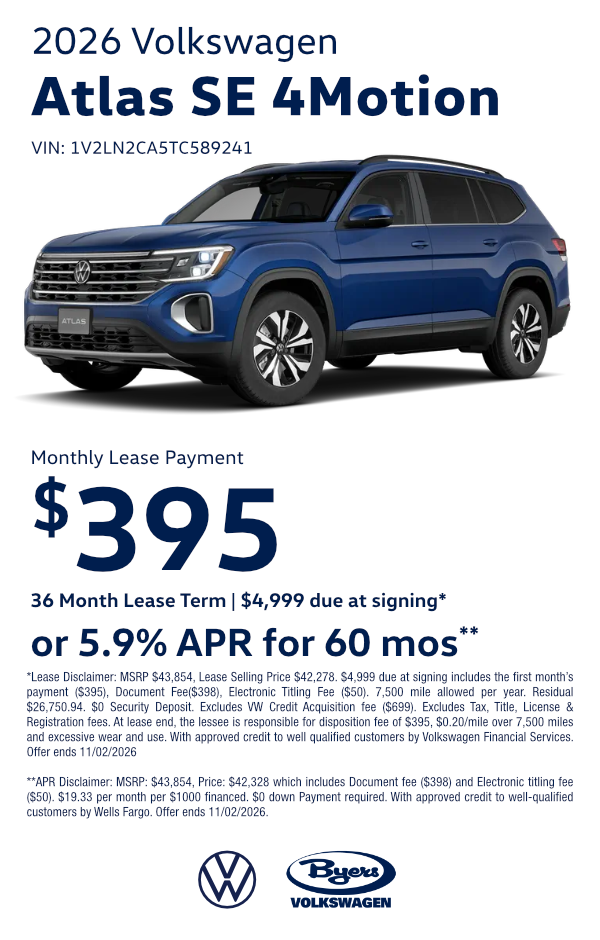 New 2026 Volkswagen Atlas SE 4Motion Special Offers