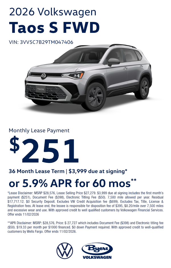 New 2026 Volkswagen Taos S FWD Special Offers