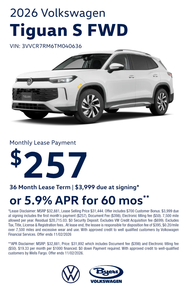 New 2026 Volkswagen Tiguan S FWD Special Offers