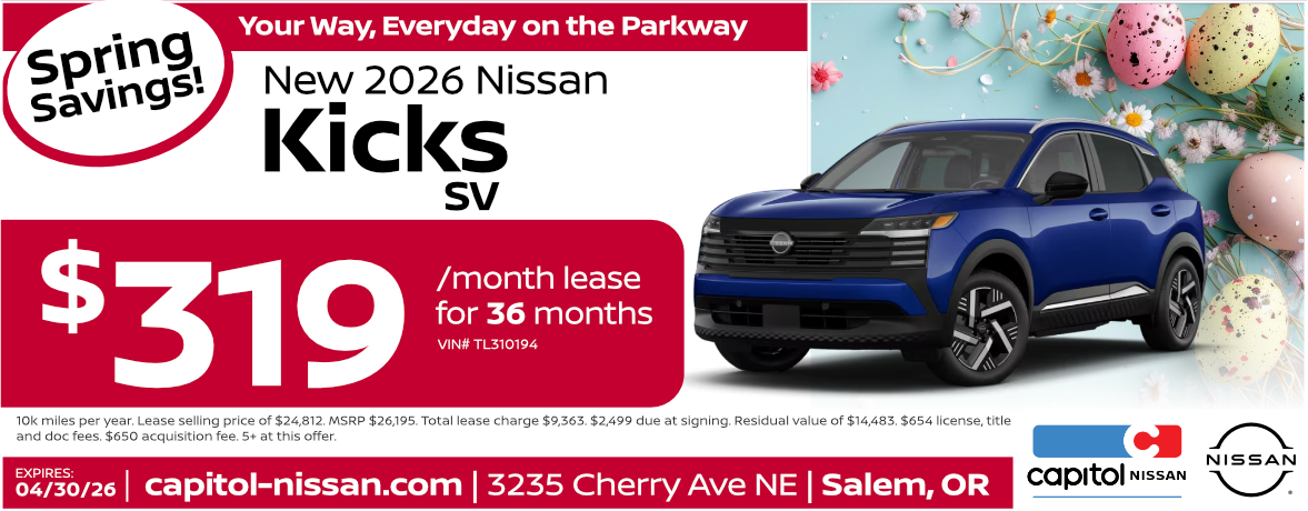 New 2026 Nissan Kicks SV $319/ month for 36 months