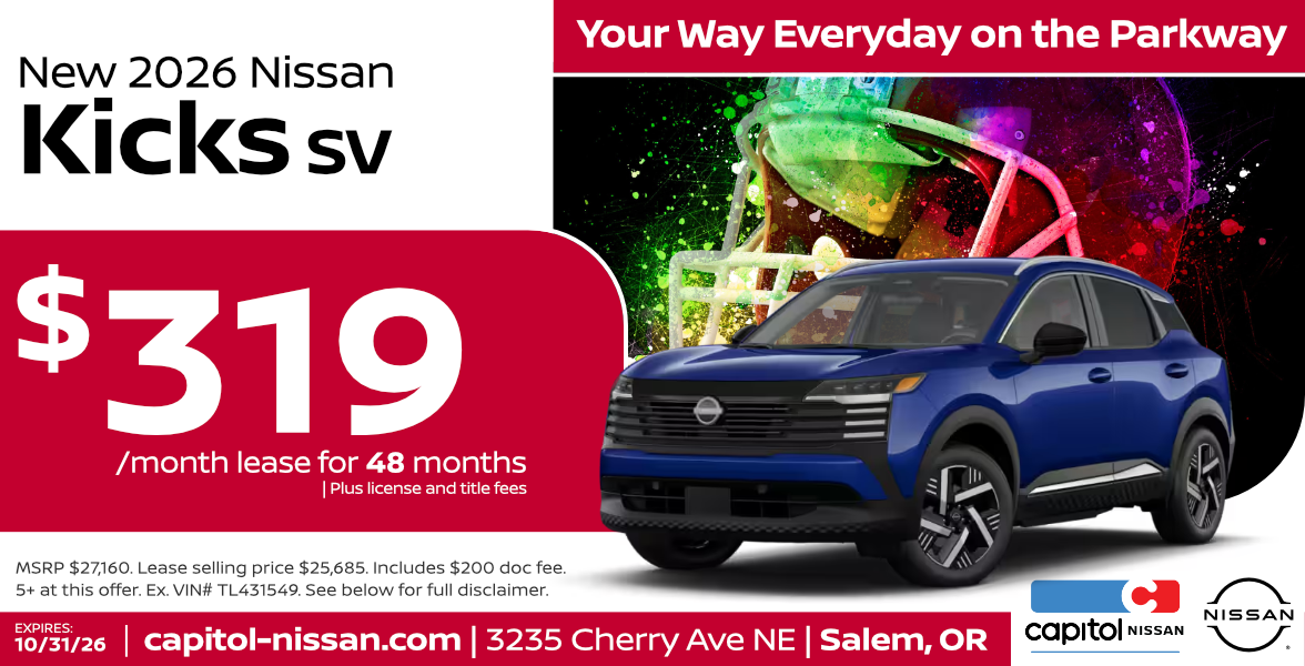 New 2026 Nissan Kicks SV Lease for $319/ month for 48 months