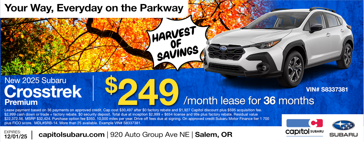 New 2025 Subaru Crosstrek Premium lease special offer | $249.00/ month for 36 months | Expires 12/01/25