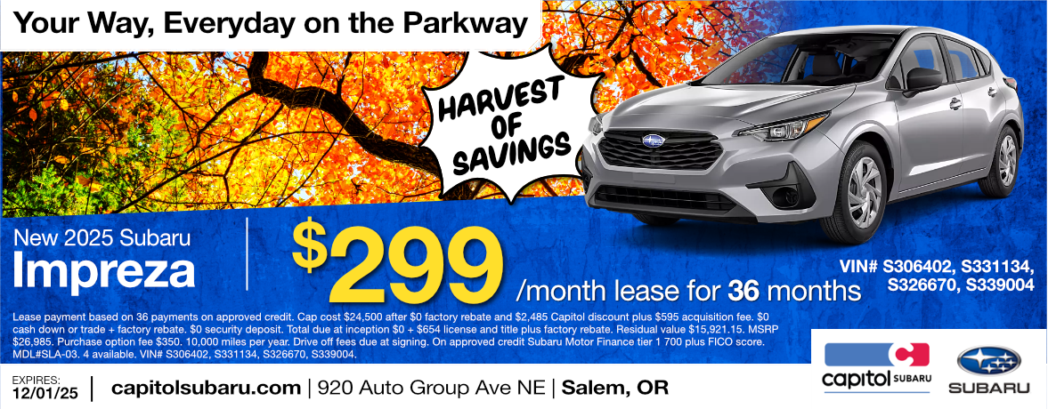 New 2025 Subaru Impreza lease special offer | $299.00/ month for 36 months | Expires 12/01/25