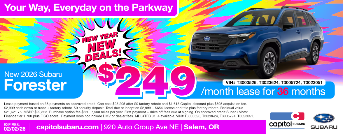 New 2026 Subaru Forester lease special offer | $249.00/ month for 36 months | Expires 2/02/26