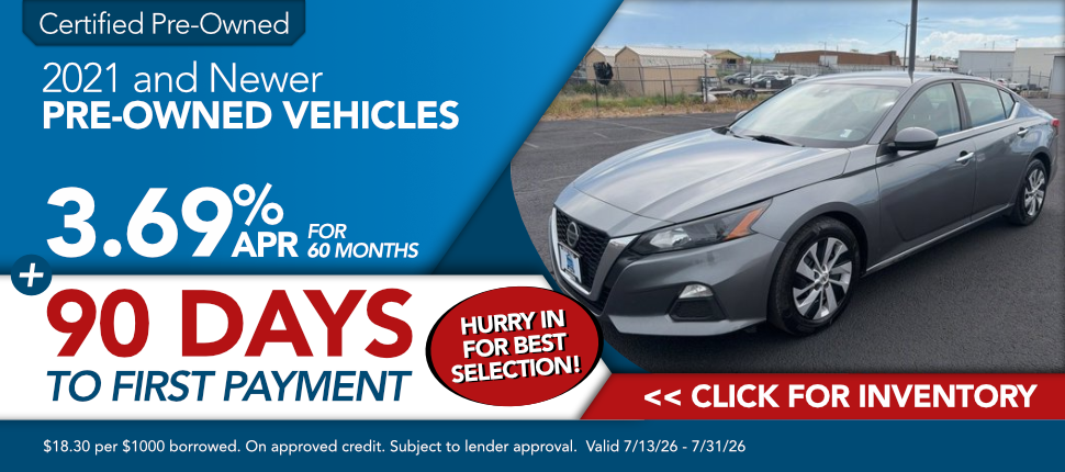 2021 and Newer Pre-Owned Vehicles 3.69% APR for up to 60 months + 90 days to first payment