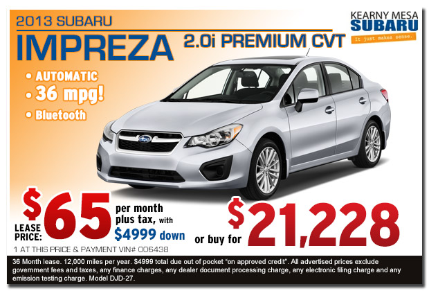 New 2013 Subaru Impreza 2.0i Lease & Sales Special Offer serving San Diego, California