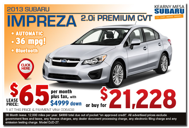 New 2013 Subaru Impreza 2.0i Lease & Sales Special Offer serving San Diego, California