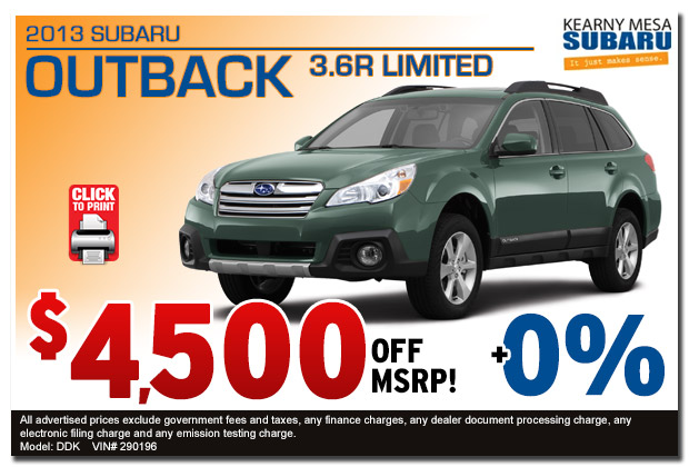 San Diego new 2013 Subaru Outback 3.6R Discount Special Sales Offer serving Kearny Mesa, California