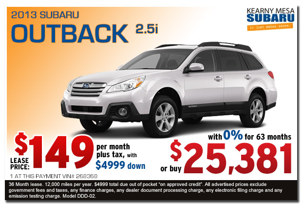 New 2013 Subaru Outback 2.5i Premium Lease & Sales Special serving San Diego, California