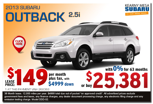 New 2013 Subaru Outback 2.5i Premium Lease & Sales Special serving San Diego, California