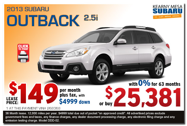 New 2013 Subaru Outback 2.5i Premium Lease & Sales Special serving San Diego, California