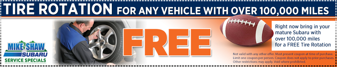 Take advanatage of this service department special free offer on a Subaru tire rotation for vehicles over 100,000 miles in Thornton, CO