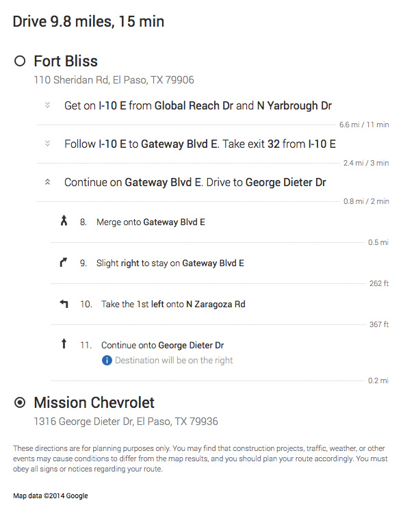 Get Directions From Fort Bliss, TX to El Paso, TX Chevrolet Dealership