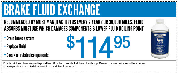 Subaru Brake Fluid Exchange Service Special Discount Coupon serving San Bernardino, CA