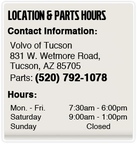 Volvo of Tucson Parts Department Hours, Location, Contact Information