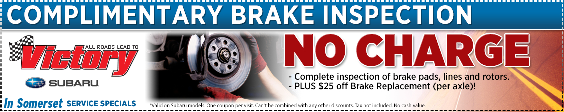 Save with this Somerset, NJ Special offer on Subaru free brake inspection and brake service discount at Victory Subaru serving Princeton, NJ