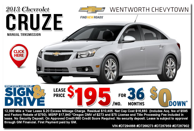 New 2013 Chevy Cruze Manual Transmission Sign & Drive Lease Special Offer serving Portland, OR