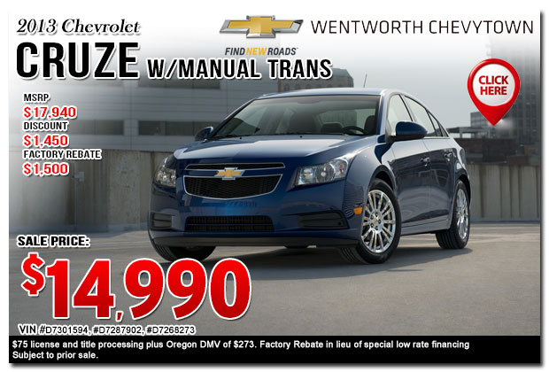 New 2013 Chevy Cruze Manual Transmission Sales Special Offer serving Portland, OR