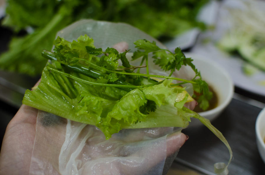 vegetables and cilantro for self serve Vietnamese spring rolls, Con Market, Da Nang, Vietnam