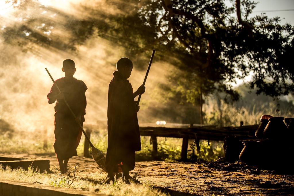Monks cleaning, Bagan