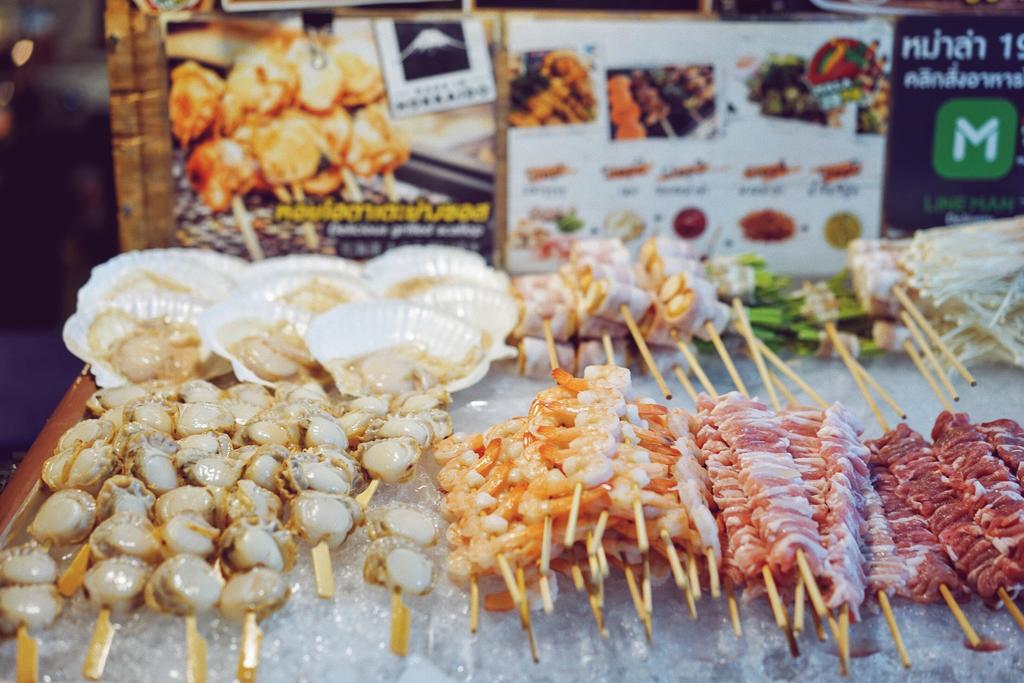 various kinds of skewers at Train Night Market Ratchada, Bangkok