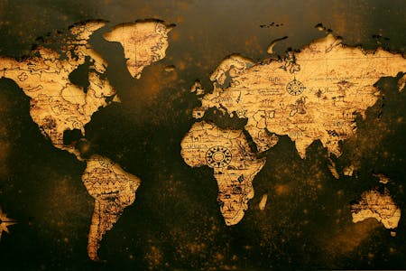 A detailed vintage map showcasing global geography with an old paper texture.
