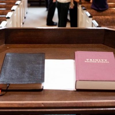 Bibles open on the pulpit at Grace OPC