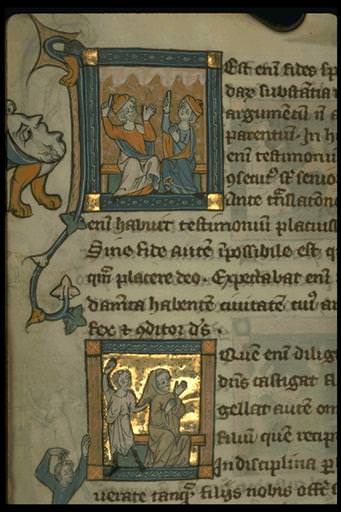 The Rothschild Canticles:Heb. 11:1. Two seated prophets pointing to clouds; Heb. 12:6. Northern France, C. 12 century.