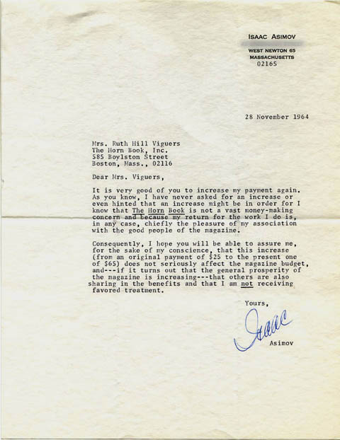 Isaac Asimov Letter to Ruth Hill Viguers (November 28, 1964)