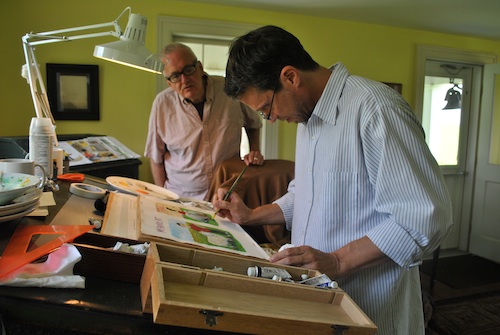 Harry is demonstrating to me the difference between watercolor and gouache.