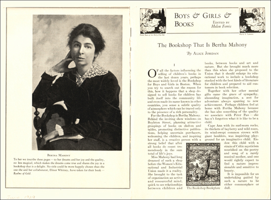 Opening spread of a June 1929 article about Bertha Mahony (The Atlantic Monthly)