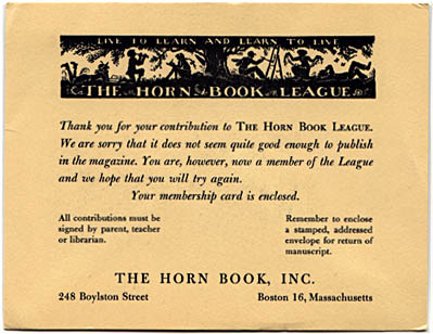 Horn Book League rejection card