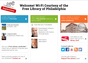 Free Library of Philadelphia splash page for airport WiFi users