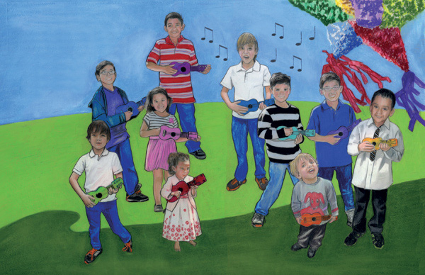 Illustration from René Saldaña’s Dale, Dale, Dale/Hit It, Hit It, Hit It: Una fiesta de números/A Fiesta of Numbers.